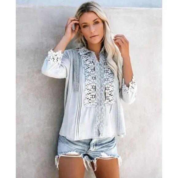 Boho Pastel Blue Crochet Lace Cut Out V-Neck 3/4 Sleeve Top Blouse - Picture 2 of 8